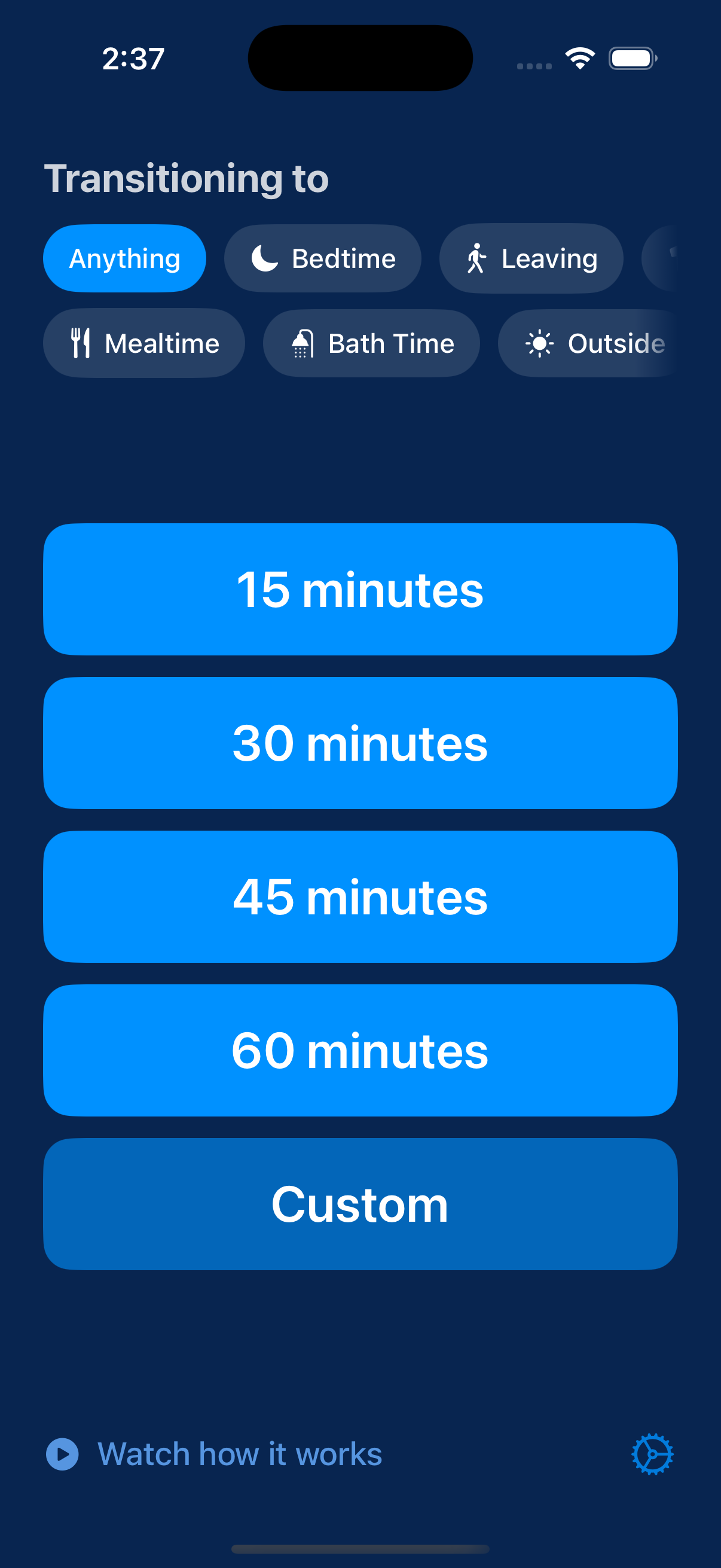 Tranzit setup screen: pick what your kid is transitioning to, then pick a timer preset